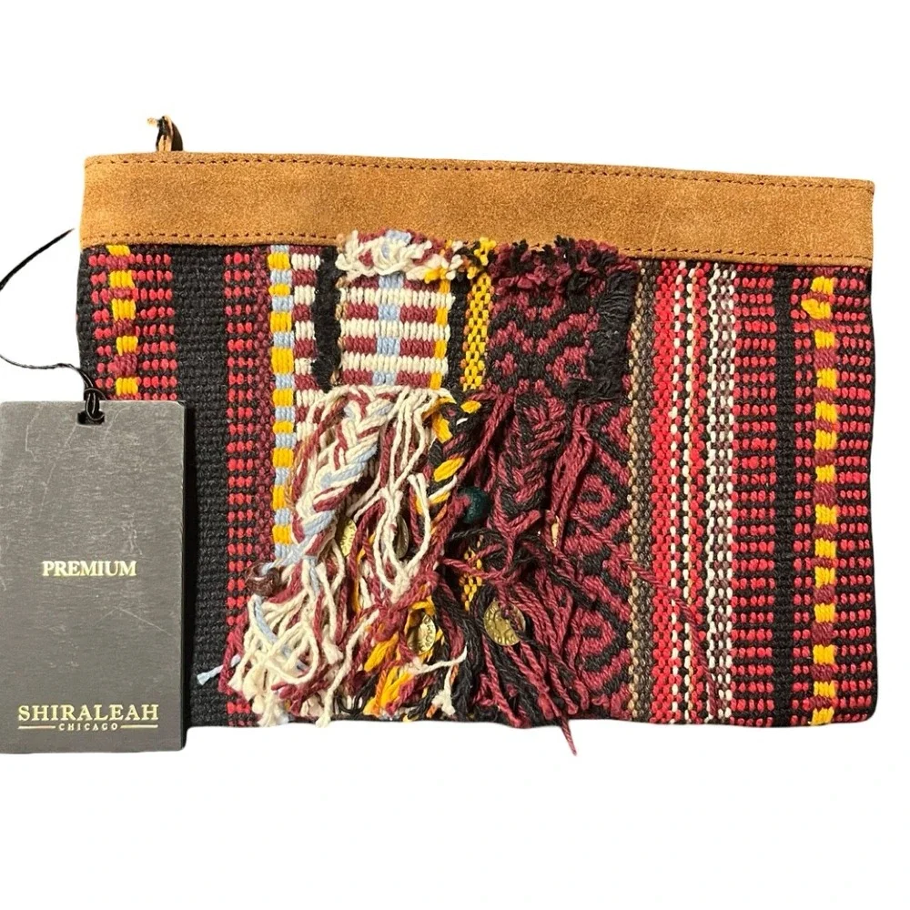 NWT Shiraleah Chicago Pouch Clutch Woven Cotton Leather Trim‎ Zip